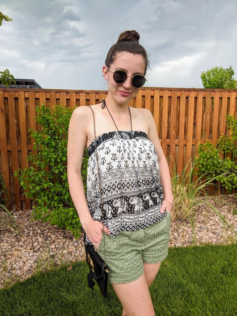 \"elephant-print-halter-top-green-shorts-summer-outfit\"